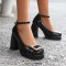 Round Toe Chunky Heels Elegant Party Wedding Platforms Ankle Straps Pumps - Black Patent