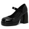 Round Toe Chunky Heels Elegant Party Wedding Platforms Mary Janes Pumps - Black Patent