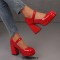 Round Toe Chunky Heels Elegant Party Wedding Platforms Mary Janes Pumps - Red Patent