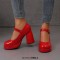 Round Toe Chunky Heels Elegant Party Wedding Platforms Mary Janes Pumps - Red Patent