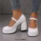Round Toe Chunky Heels Elegant Party Wedding Platforms Mary Janes Pumps - White Patent