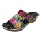 Peep Toe Flower Stitch Decorated Beach Slope Sandals Slippers - Black Faux Leather