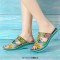 Peep Toe Flower Stitch Decorated Beach Slope Sandals Slippers - Orange Faux Leather