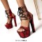 Peep Toe Snake Print Lace Up Platforms Chunky Heels Sandals - Red Faux Leather
