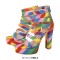 Peep Toe Chunky Heels Platforms Colorful Rainbow Straps Back Zipper Summer Sandals Booties - Multicolor Canvas