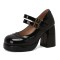 Round Toe Chunky Heels Double Mary Janes Straps Low Platforms Pumps - Black Patent