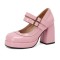 Round Toe Chunky Heels Double Mary Janes Straps Low Platforms Pumps - Pink Patent