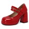 Round Toe Chunky Heels Double Mary Janes Straps Low Platforms Pumps - Red Patent