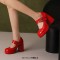 Round Toe Chunky Heels Double Mary Janes Straps Low Platforms Pumps - Red Patent