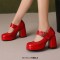 Round Toe Chunky Heels Double Mary Janes Straps Low Platforms Pumps - Red Patent