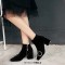 Round Toe Metal Buckle Decorated Side Zipper Ankle Highs Chunky Heels Boots - Black Flock
