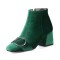 Round Toe Metal Buckle Decorated Side Zipper Ankle Highs Chunky Heels Boots - Green Flock
