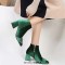 Round Toe Metal Buckle Decorated Side Zipper Ankle Highs Chunky Heels Boots - Green Flock
