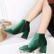 Round Toe Metal Buckle Decorated Side Zipper Ankle Highs Chunky Heels Boots - Green Flock
