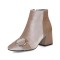Round Toe Metal Buckle Decorated Side Zipper Ankle Highs Chunky Heels Boots - Apricot Tan Flock

