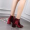 Round Toe Metal Buckle Decorated Side Zipper Ankle Highs Chunky Heels Boots - Red Flock
