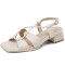 Square Open Toe Chunky Heels Cross Lace Up Ankle Buckle Straps Summer Sandals  - Beige Faux Leather