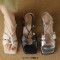 Square Open Toe Chunky Heels Cross Lace Up Ankle Buckle Straps Summer Sandals  - Silver Faux Leather