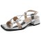 Square Open Toe Chunky Heels Cross Lace Up Ankle Buckle Straps Summer Sandals  - Silver Faux Leather