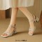 Square Open Toe Chunky Heels Ankle Buckle Straps Summer Sandals  - Beige  Satin