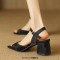 Square Open Toe Chunky Heels Ankle Buckle Straps Summer Sandals  - Black Satin