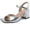 Square Open Toe Chunky Heels Ankle Buckle Straps Summer Sandals  - Silver Faux Leather