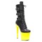 Round Toe Stiletto Heels Ankle Highs Lace Up Side Zipper Buckle Straps Booties  - Black Yellow Patent