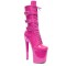 Round Toe Stiletto Heels Ankle Highs Lace Up Side Zipper Buckle Straps Booties  - HotPink Patent
