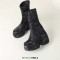 Round Toe Lace Up Punk Gothic Ankle Highs  Platforms Chunky Heels Boots - Black Stretch Fabric
