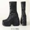Round Toe Lace Up Punk Gothic Ankle Highs  Platforms Chunky Heels Boots - Black Stretch Fabric