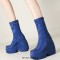 Round Toe Lace Up Punk Gothic Ankle Highs  Platforms Chunky Heels Boots - Blue Stretch Fabric