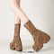 Round Toe Lace Up Punk Gothic Ankle Highs  Platforms Chunky Heels Boots - Brown Stretch Fabric