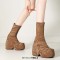 Round Toe Lace Up Punk Gothic Ankle Highs  Platforms Chunky Heels Boots - Brown Stretch Fabric