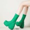 Round Toe Lace Up Punk Gothic Ankle Highs  Platforms Chunky Heels Boots - Green Stretch Fabric
