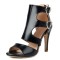 Peep Toe Stiletto Heels Double Heart Shaped Ankle Buckle Straps Sandals - Black Faux Leather