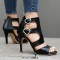 Peep Toe Stiletto Heels Double Heart Shaped Ankle Buckle Straps Sandals - Black Faux Leather