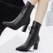 Pointed Toe Lace Up Chunky Block Heels Ankle Highs Elegant Boots - Black Faux Leather