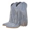 Pointed Toe Mid Calf Rhinestones Bling Chunky Heels Fringe Western Cowgirl Boots - LightBlue Denim