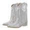 Pointed Toe Mid Calf Rhinestones Bling Chunky Heels Fringe Western Cowgirl Boots - Silver Synthetic
