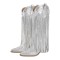 Pointed Toe Mid Calf Rhinestones Bling Chunky Heels Fringe Western Cowgirl Pull On Boots - Silver Synhetic