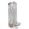 Pointed Toe Mid Calf Rhinestones Bling Chunky Heels Fringe Western Cowgirl Pull On Boots - Silver Synhetic