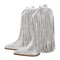 Pointed Toe Mid Calf Rhinestones Bling Chunky Heels Fringe Western Cowgirl Boots - Silver Faux Leather