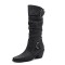 Pointed Toe Knee High Chunky Heels Vintage Pleated Wide Belt Buckle Biker Style Boots - Black Faux Leather