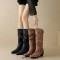 Pointed Toe Knee High Chunky Heels Vintage Pleated Wide Belt Buckle Biker Style Boots - Black Faux Leather