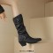 Pointed Toe Knee High Chunky Heels Vintage Pleated Wide Belt Buckle Biker Style Boots - Black Faux Leather