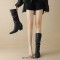 Pointed Toe Knee High Chunky Heels Vintage Pleated Wide Belt Buckle Biker Style Boots - Black Faux Leather