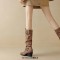 Pointed Toe Knee High Chunky Heels Vintage Pleated Wide Belt Buckle Biker Style Boots - Brown Faux Leather