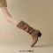 Pointed Toe Knee High Chunky Heels Vintage Pleated Wide Belt Buckle Biker Style Boots - Brown Faux Leather