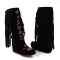 Round Toe Chunky Heels Fringe Decorated Ethnic Pattern Knee Highs Flats Boots - Black Flock