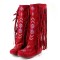 Round Toe Chunky Heels Fringe Decorated Ethnic Pattern Knee Highs Flats Boots - Red Flock